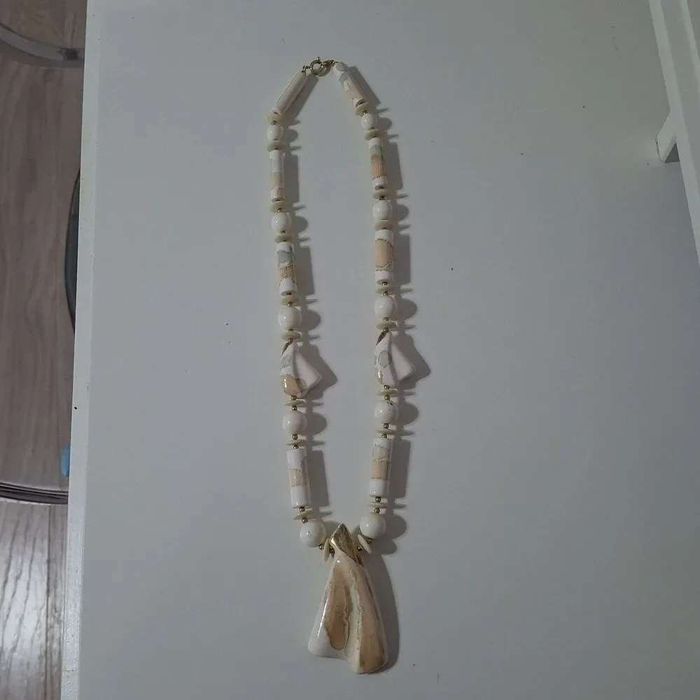 White Beige Gold Tone Japan Ceramic Round Beaded Statement Pendant Necklace
